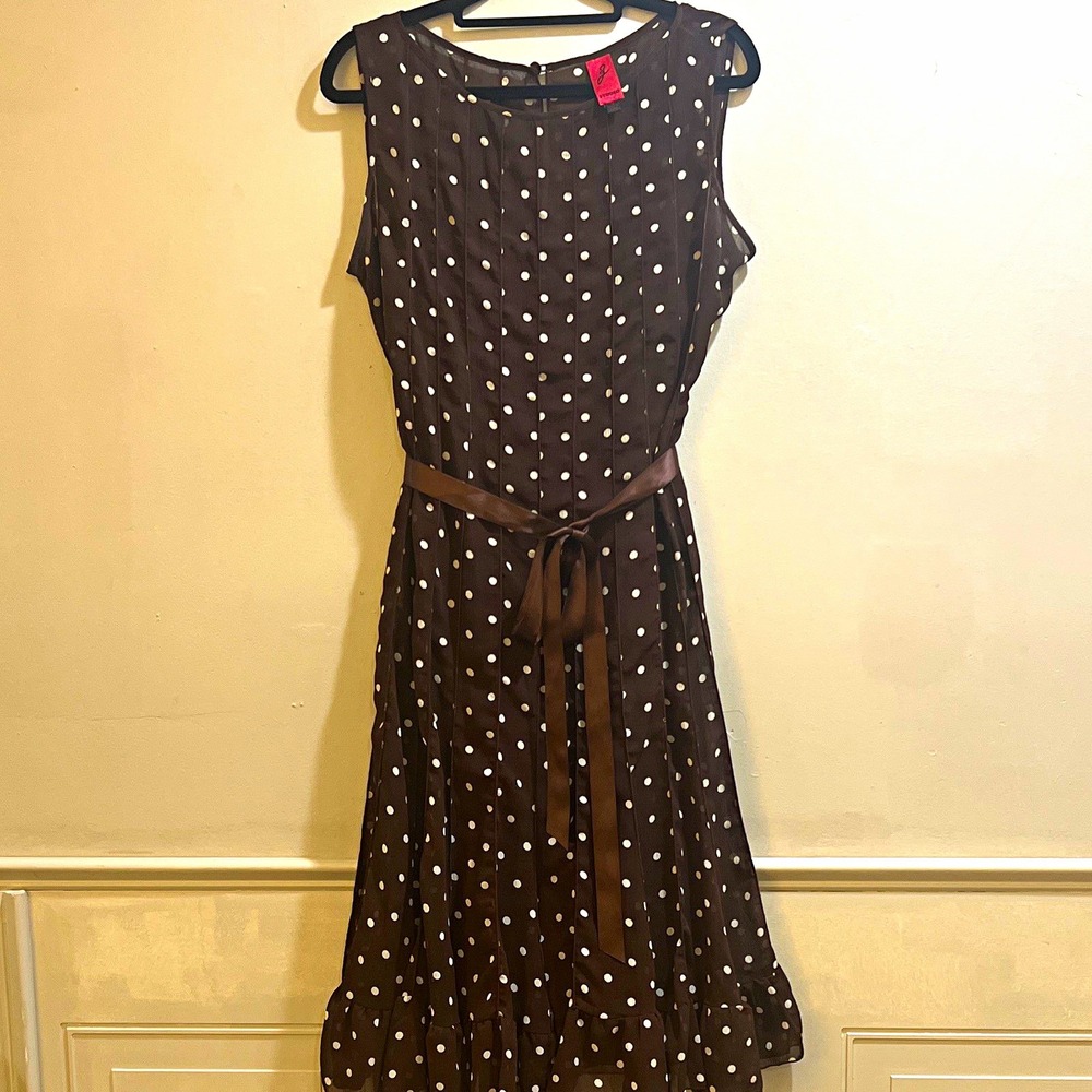 Studio J Womens 10 Brown White Polka Dot Round Neck Chiffon Midi Dress Belted